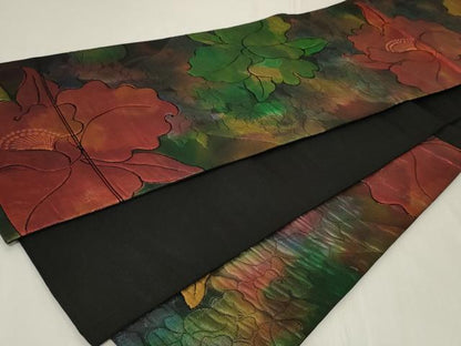 平和屋着物◎六通柄袋帯　草花文　黒地　金糸　正絹　逸品　CAAY2359in