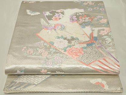 平和屋着物◎六通柄袋帯　唐織　扇面飛鶴花文　銀糸　正絹　逸品　CAAY2375in