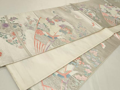 平和屋着物◎六通柄袋帯　唐織　扇面飛鶴花文　銀糸　正絹　逸品　CAAY2375in