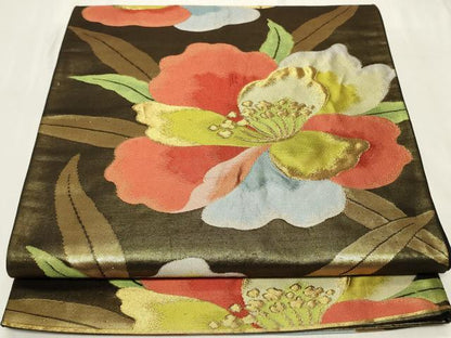 平和屋着物◎六通柄袋帯　草花文　黒地　金糸　正絹　逸品　CAAY2381in