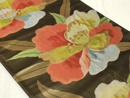 平和屋着物◎六通柄袋帯　草花文　黒地　金糸　正絹　逸品　CAAY2381in