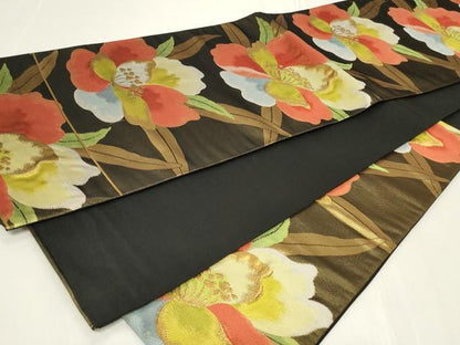 平和屋着物◎六通柄袋帯　草花文　黒地　金糸　正絹　逸品　CAAY2381in