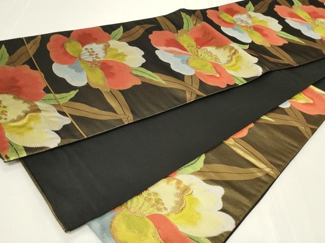 平和屋着物◎六通柄袋帯　草花文　黒地　金糸　正絹　逸品　CAAY2381in