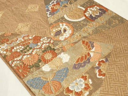 平和屋着物◎佐賀錦　六通柄袋帯　唐織　花鳥丸文　金糸　正絹　逸品　CAAY2398in