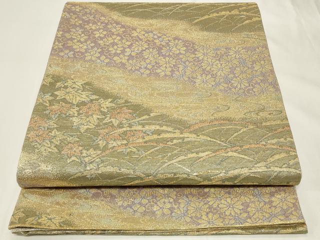 平和屋着物◎六通柄袋帯　流水草花文　金糸　正絹　逸品　CAAY2400in