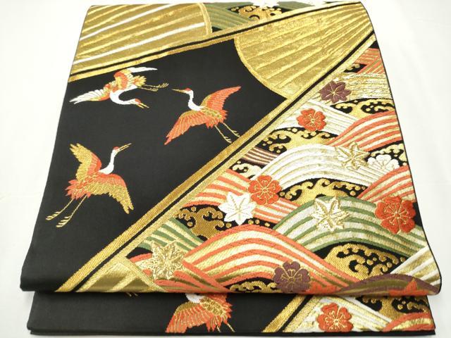 平和屋着物●六通柄袋帯 唐織 扇面飛鶴草花文 黒地 金糸 正絹 逸品 CAAY2464hy