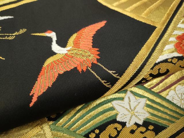 平和屋着物●六通柄袋帯 唐織 扇面飛鶴草花文 黒地 金糸 正絹 逸品 CAAY2464hy