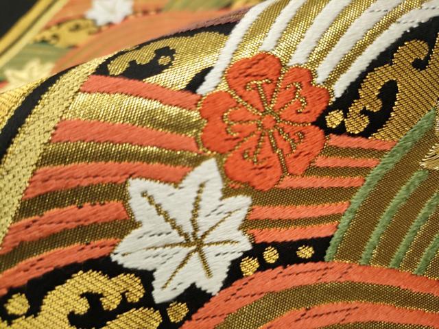 平和屋着物●六通柄袋帯 唐織 扇面飛鶴草花文 黒地 金糸 正絹 逸品 CAAY2464hy
