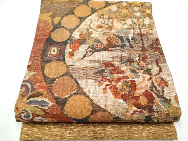 平和屋着物▽スリーシーズン 春夏秋 太鼓柄袋帯 櫛織 狩猟花文 金糸 正絹 逸品 CAAY2485hy
