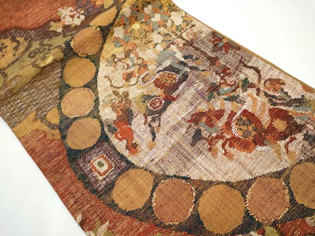 平和屋着物▽スリーシーズン 春夏秋 太鼓柄袋帯 櫛織 狩猟花文 金糸 正絹 逸品 CAAY2485hy