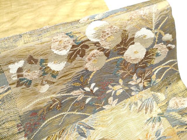 平和屋着物▽スリーシーズン 春夏秋 太鼓柄袋帯 ぜんまい紬 すくい織 草花文 金糸 正絹 逸品 CAAY2486hy