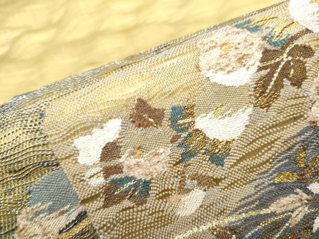平和屋着物▽スリーシーズン 春夏秋 太鼓柄袋帯 ぜんまい紬 すくい織 草花文 金糸 正絹 逸品 CAAY2486hy