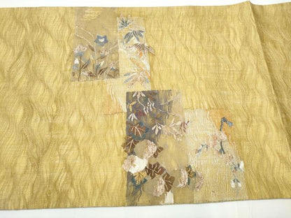 平和屋着物▽スリーシーズン 春夏秋 太鼓柄袋帯 ぜんまい紬 すくい織 草花文 金糸 正絹 逸品 CAAY2486hy