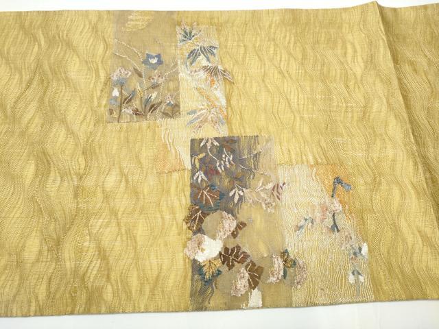 平和屋着物▽スリーシーズン 春夏秋 太鼓柄袋帯 ぜんまい紬 すくい織 草花文 金糸 正絹 逸品 CAAY2486hy