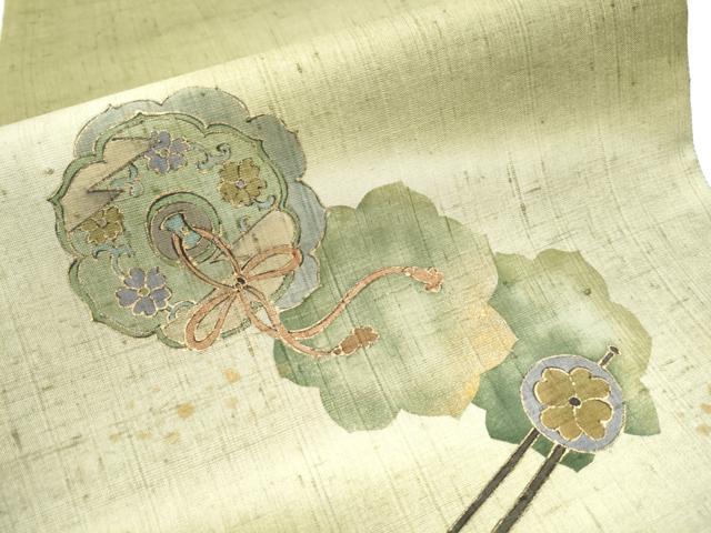 平和屋着物●太鼓柄袋帯 作家物 紬地 鏡裏花文 金彩 正絹 逸品 CAAY2502hy