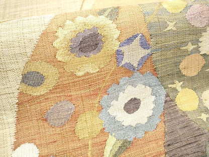 平和屋着物▽スリーシーズン 春夏秋 両面 六通柄袋帯 すくい織 幾何学花文 金糸 正絹 逸品 CAAY2504hy