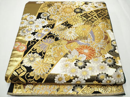平和屋着物●六通柄袋帯 唐織 花唐草文 黒地 金銀糸 正絹 逸品 CAAY2554hy