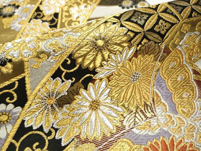 平和屋着物●六通柄袋帯 唐織 花唐草文 黒地 金銀糸 正絹 逸品 CAAY2554hy