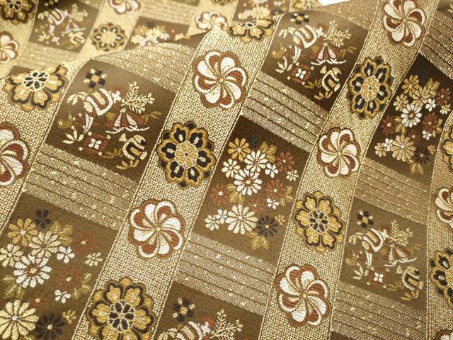 A 43美品　袋帯 六通柄 焦茶 横段 モダン柄金糸波　着物 平和屋着物○世界的友禅作家 千地泰弘 千地天女 六通