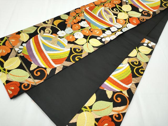 平和屋着物●六通柄袋帯 唐織 糸巻き唐草文 黒地 金糸 正絹 逸品 CAAY2661hy