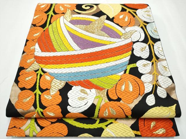 平和屋着物●六通柄袋帯 唐織 糸巻き唐草文 黒地 金糸 正絹 逸品 CAAY2661hy