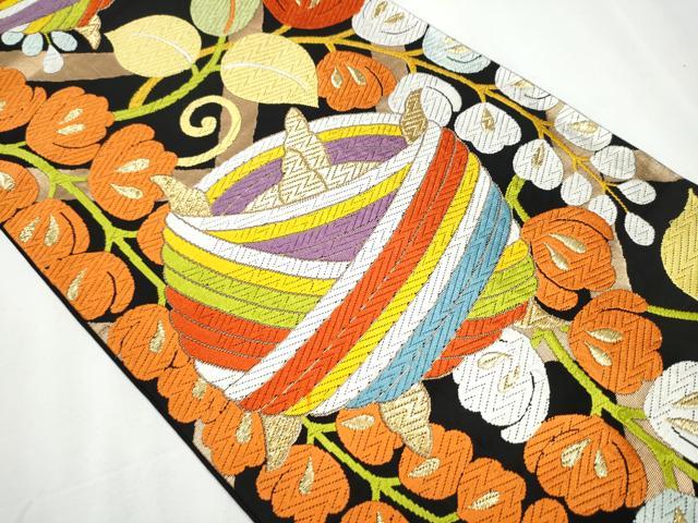 平和屋着物●六通柄袋帯 唐織 糸巻き唐草文 黒地 金糸 正絹 逸品 CAAY2661hy