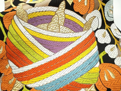 平和屋着物●六通柄袋帯 唐織 糸巻き唐草文 黒地 金糸 正絹 逸品 CAAY2661hy