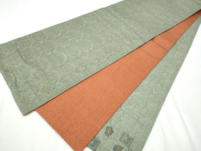 平和屋着物●両面　太鼓柄袋帯　紬地　陶器松文　金彩　正絹　逸品　CAAY2665hy