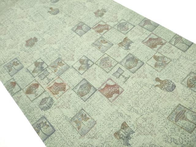 平和屋着物●両面　太鼓柄袋帯　紬地　陶器松文　金彩　正絹　逸品　CAAY2665hy