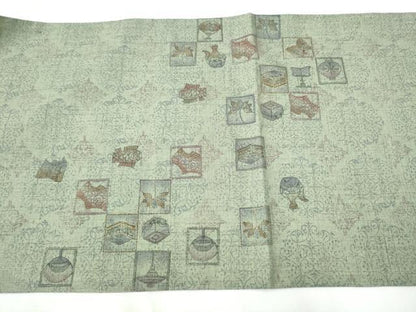 平和屋着物●両面　太鼓柄袋帯　紬地　陶器松文　金彩　正絹　逸品　CAAY2665hy
