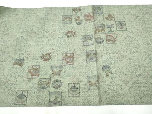 平和屋着物●両面　太鼓柄袋帯　紬地　陶器松文　金彩　正絹　逸品　CAAY2665hy
