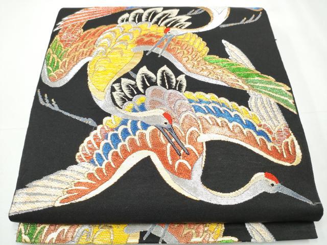 平和屋着物●六通柄 本袋帯 日出鶴 黒地 金銀糸 正絹 逸品 CAAY2686hy