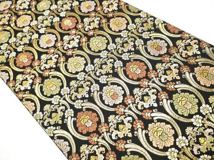 平和屋着物●六通柄袋帯　唐織　縦枠更紗花文　黒地　金糸　正絹　逸品　CAAY2690hy