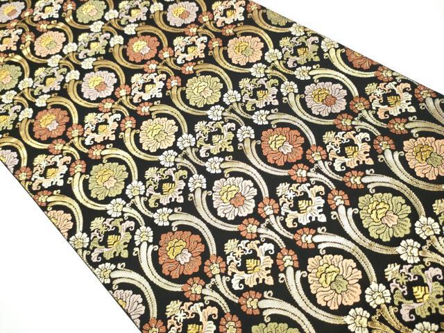 平和屋着物●六通柄袋帯　唐織　縦枠更紗花文　黒地　金糸　正絹　逸品　CAAY2690hy