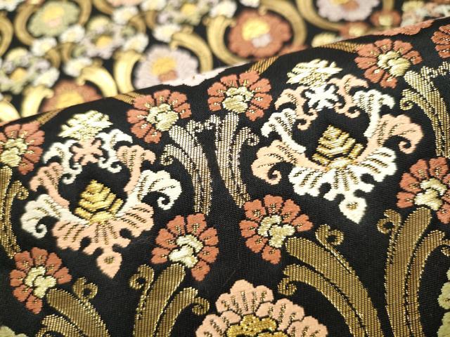 平和屋着物●六通柄袋帯　唐織　縦枠更紗花文　黒地　金糸　正絹　逸品　CAAY2690hy