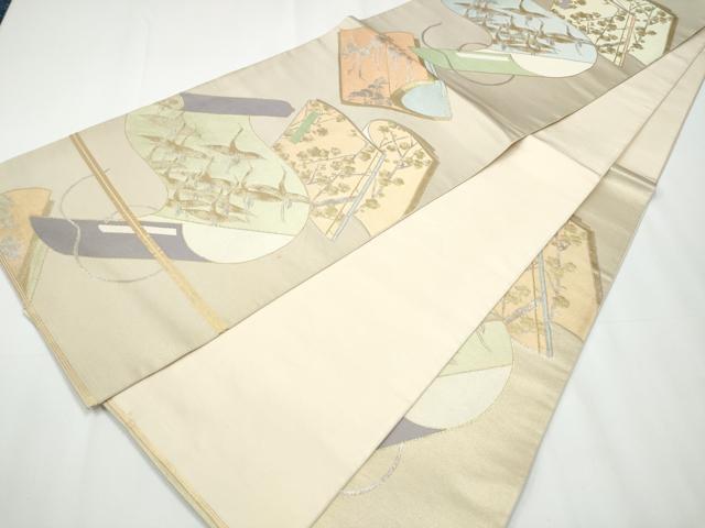 平和屋着物●西陣　川島織物　六通柄　本袋帯　冊子絵巻飛鶴枝梅文　金銀糸　正絹　逸品　CAAY2694hy