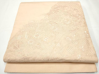平和屋着物●中国三大刺繍 スワトウ相良刺繍 総刺繍 太鼓柄袋帯 紬地 雪輪草花文 洗柿色 正絹 逸品 CAAY2701hy