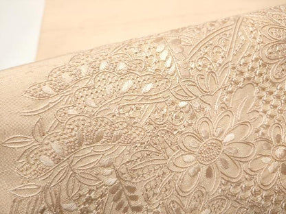 平和屋着物●中国三大刺繍 スワトウ相良刺繍 総刺繍 太鼓柄袋帯 紬地 雪輪草花文 洗柿色 正絹 逸品 CAAY2701hy