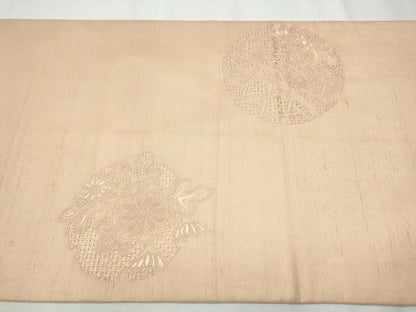 平和屋着物●中国三大刺繍 スワトウ相良刺繍 総刺繍 太鼓柄袋帯 紬地 雪輪草花文 洗柿色 正絹 逸品 CAAY2701hy