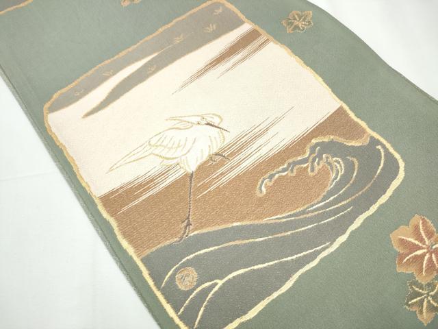 平和屋着物●六通柄袋帯　波に白さぎ　金糸　正絹　逸品　CAAY2710hy
