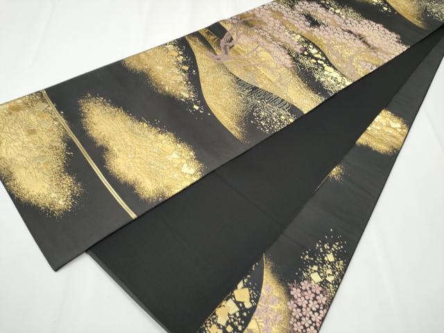 平和屋着物●西陣 河合美術織物謹製 六通柄袋帯 唐織 手織 枝桜文 黒地 本金箔 正絹 逸品 CAAY2735hy