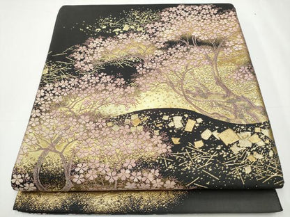 平和屋着物●西陣 河合美術織物謹製 六通柄袋帯 唐織 手織 枝桜文 黒地 本金箔 正絹 逸品 CAAY2735hy
