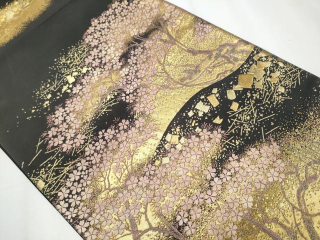 平和屋着物●西陣 河合美術織物謹製 六通柄袋帯 唐織 手織 枝桜文 黒地 本金箔 正絹 逸品 CAAY2735hy