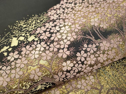 平和屋着物●西陣 河合美術織物謹製 六通柄袋帯 唐織 手織 枝桜文 黒地 本金箔 正絹 逸品 CAAY2735hy