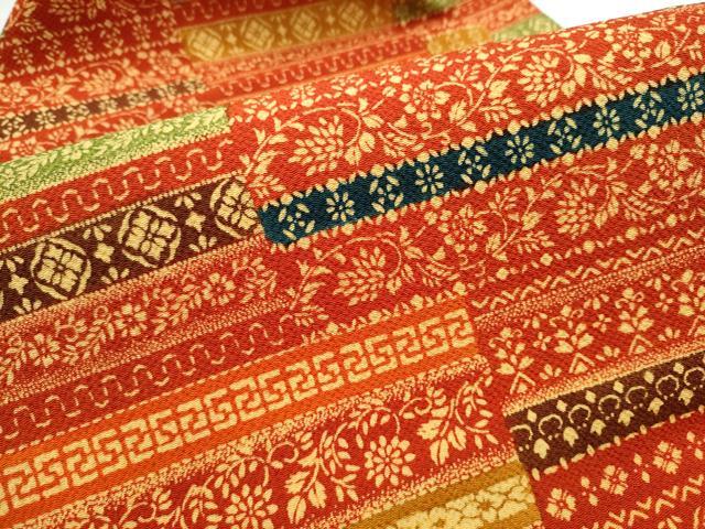 平和屋着物●全通柄　九寸名古屋帯　型染め　花唐草文　鬼しぼ縮緬　正絹　逸品　CAAY2790hy