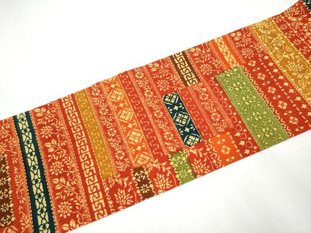 平和屋着物●全通柄　九寸名古屋帯　型染め　花唐草文　鬼しぼ縮緬　正絹　逸品　CAAY2790hy