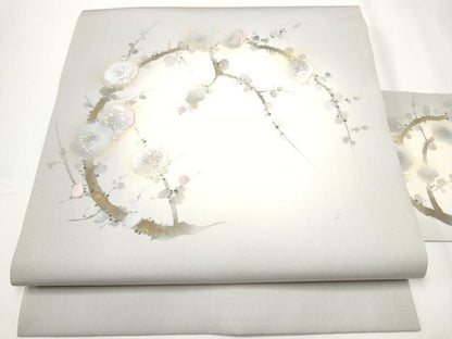平和屋着物●塩瀬 九寸名古屋帯 手描き 刺繍 枝梅文 金彩 正絹 逸品 CAAY2793hy