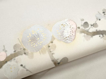 平和屋着物●塩瀬 九寸名古屋帯 手描き 刺繍 枝梅文 金彩 正絹 逸品 CAAY2793hy