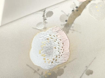 平和屋着物●塩瀬 九寸名古屋帯 手描き 刺繍 枝梅文 金彩 正絹 逸品 CAAY2793hy
