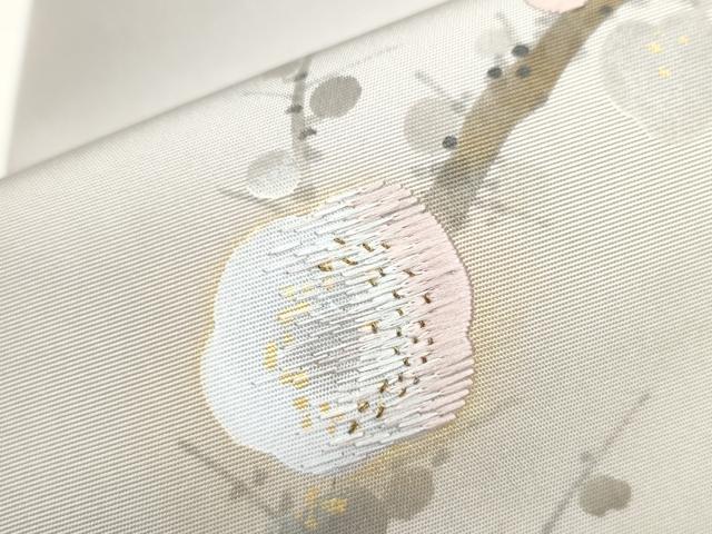平和屋着物●塩瀬 九寸名古屋帯 手描き 刺繍 枝梅文 金彩 正絹 逸品 CAAY2793hy